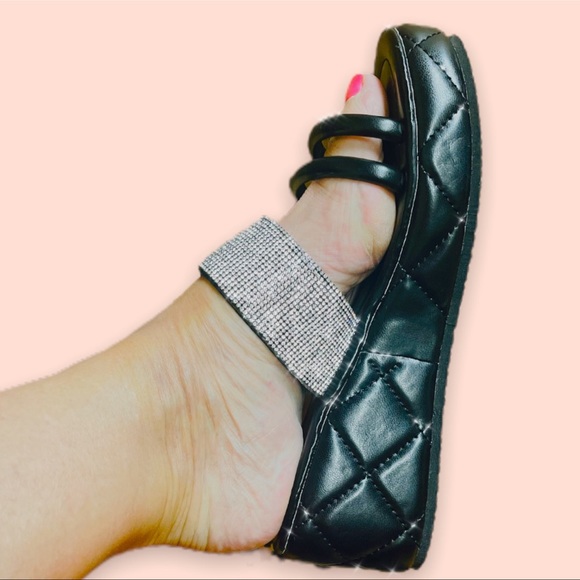 Italina Black Strappy Triple Band Rhinestone Platform Slip-On Quilt Wedge Sandal - Picture 5 of 6